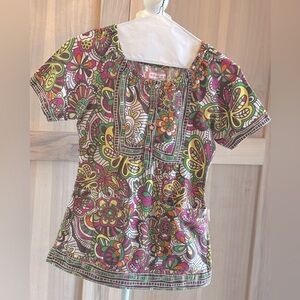 Koi Kathy Peterson Retro | Groovy Butterfly Scrub Tunic Top. Women’s Sz-XS EUC